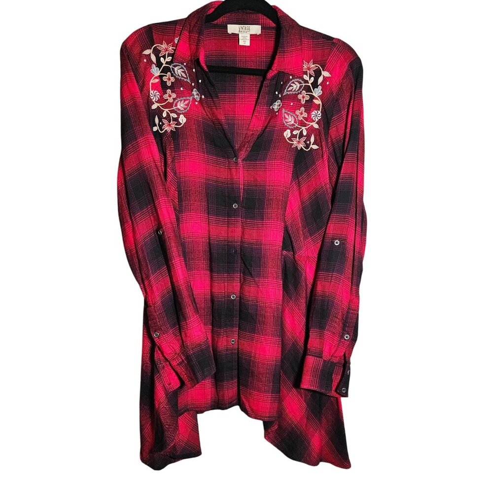 VTG Woman American Blues Red Black Plaid Embroidered Button-Up Long Sleeve Shirt
